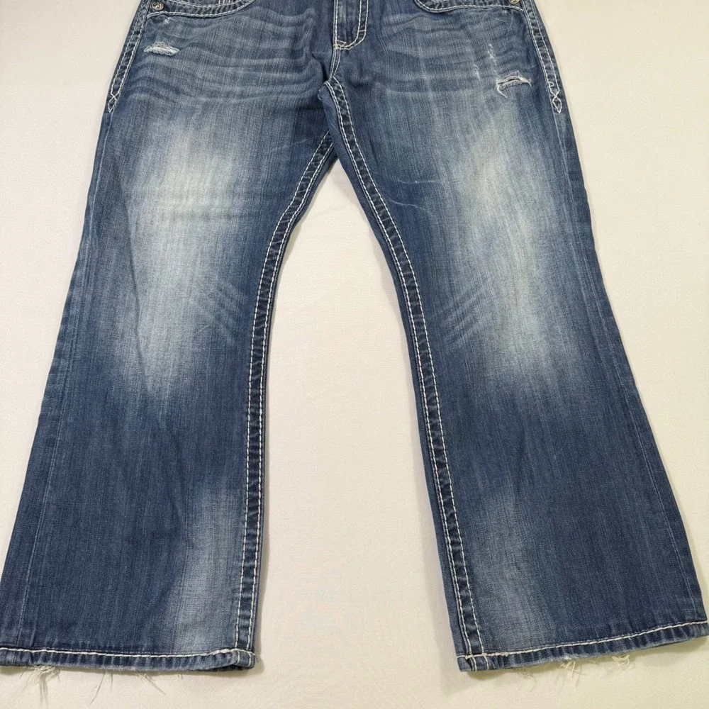 Rock Revival Jeans Mens 36 (fits 37x28) Blue Aaron Bootcut Distressed Moto Y2K